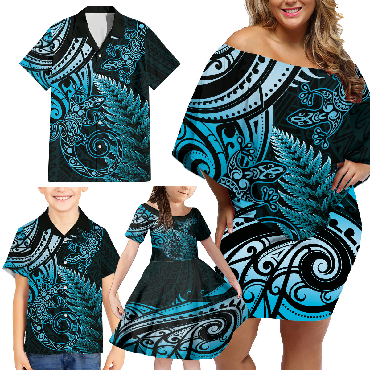 New Zealand Lizard Family Matching Off Shoulder Short Dress and Hawaiian Shirt Silver Fern Aotearoa Maori Blue Version LT14 - Polynesian Pride