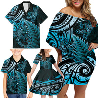 New Zealand Lizard Family Matching Off Shoulder Short Dress and Hawaiian Shirt Silver Fern Aotearoa Maori Blue Version LT14 - Polynesian Pride