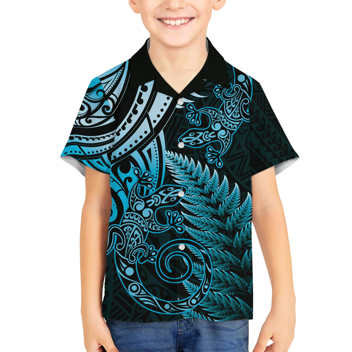 New Zealand Lizard Family Matching Off Shoulder Short Dress and Hawaiian Shirt Silver Fern Aotearoa Maori Blue Version LT14 Son's Shirt Blue - Polynesian Pride