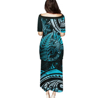 New Zealand Lizard Family Matching Puletasi and Hawaiian Shirt Silver Fern Aotearoa Maori Blue Version