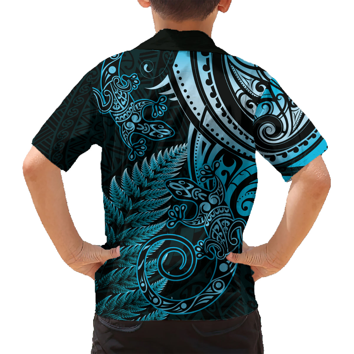 New Zealand Lizard Family Matching Short Sleeve Bodycon Dress and Hawaiian Shirt Silver Fern Aotearoa Maori Blue Version LT14 - Polynesian Pride