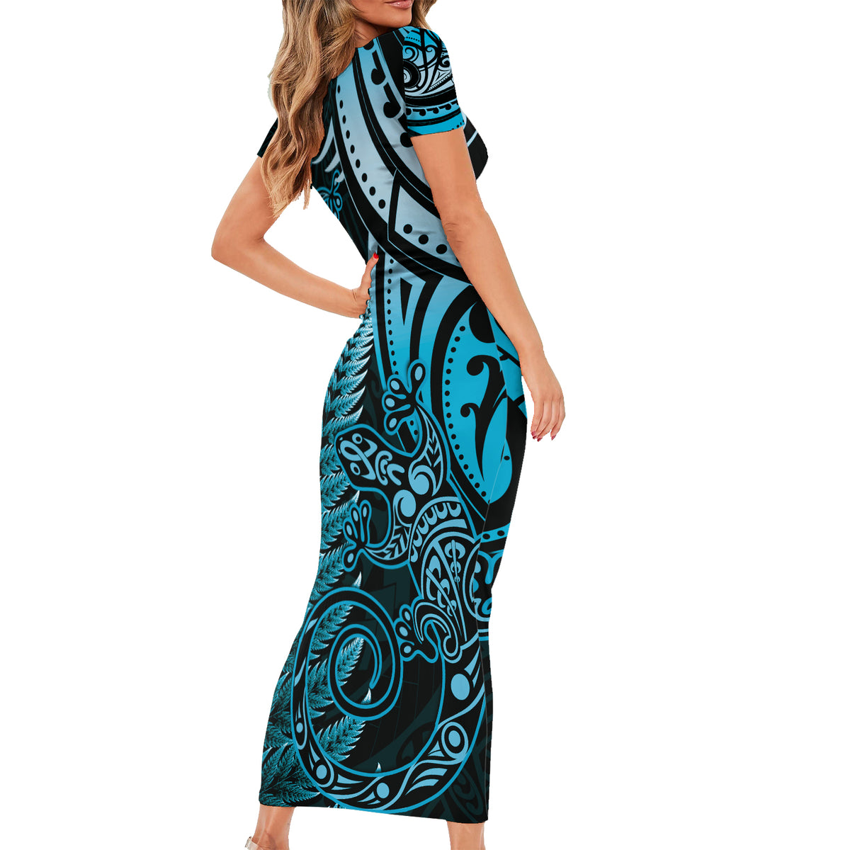 New Zealand Lizard Family Matching Short Sleeve Bodycon Dress and Hawaiian Shirt Silver Fern Aotearoa Maori Blue Version LT14 - Polynesian Pride