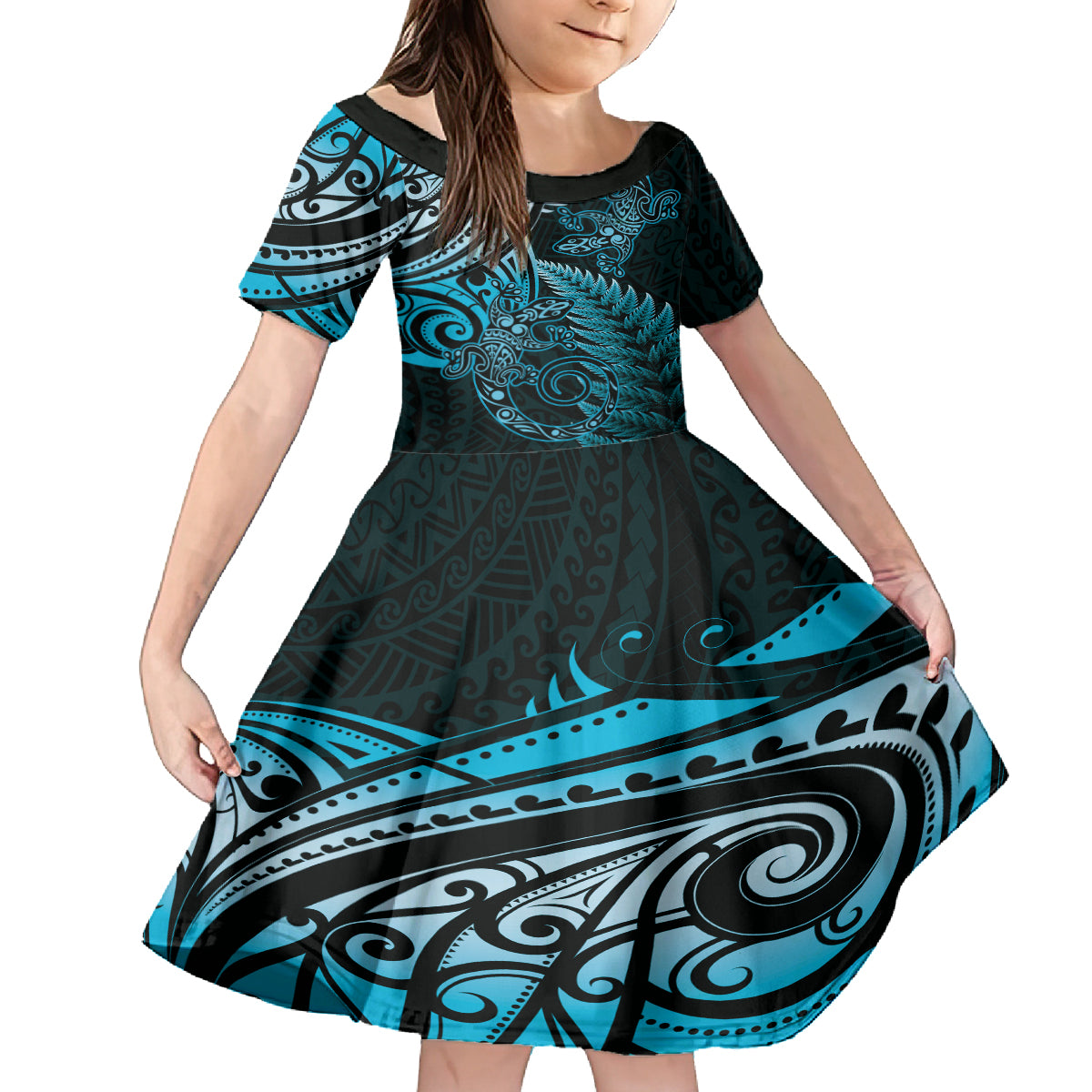New Zealand Lizard Family Matching Tank Maxi Dress and Hawaiian Shirt Silver Fern Aotearoa Maori Blue Version LT14 Daughter's Dress Blue - Polynesian Pride