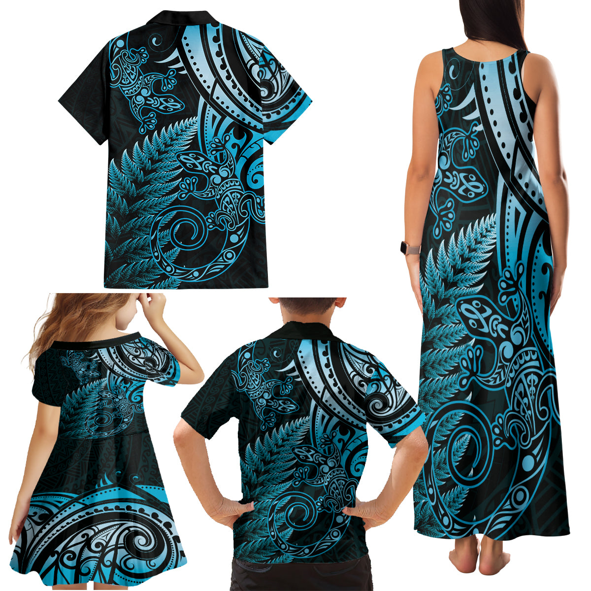 New Zealand Lizard Family Matching Tank Maxi Dress and Hawaiian Shirt Silver Fern Aotearoa Maori Blue Version LT14 - Polynesian Pride