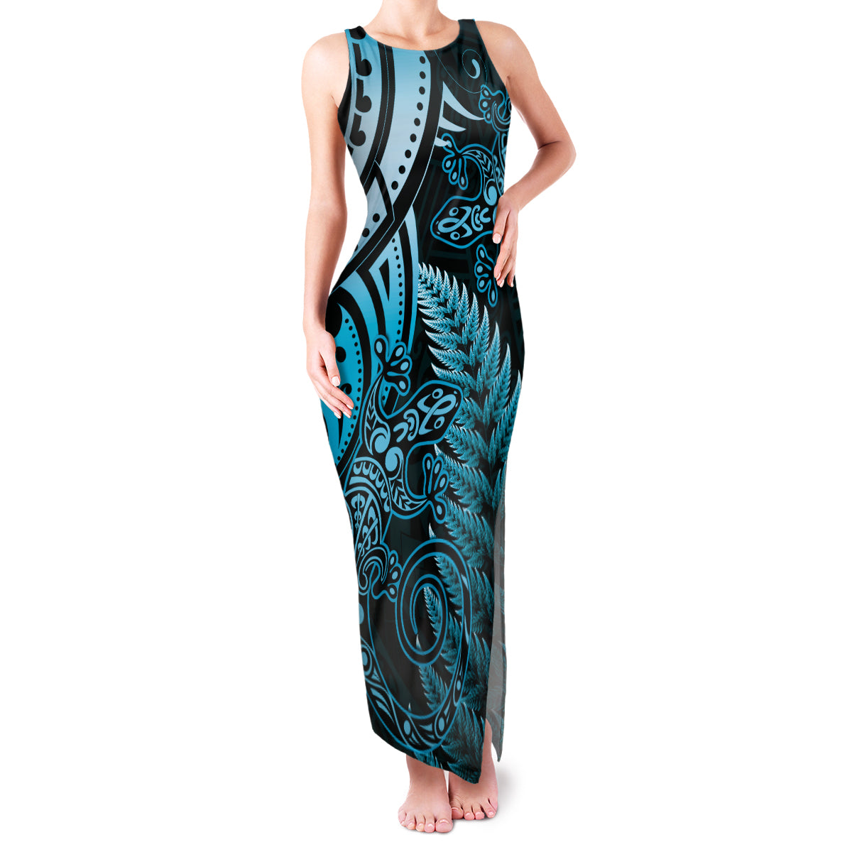 New Zealand Lizard Family Matching Tank Maxi Dress and Hawaiian Shirt Silver Fern Aotearoa Maori Blue Version LT14 Mom's Dress Blue - Polynesian Pride