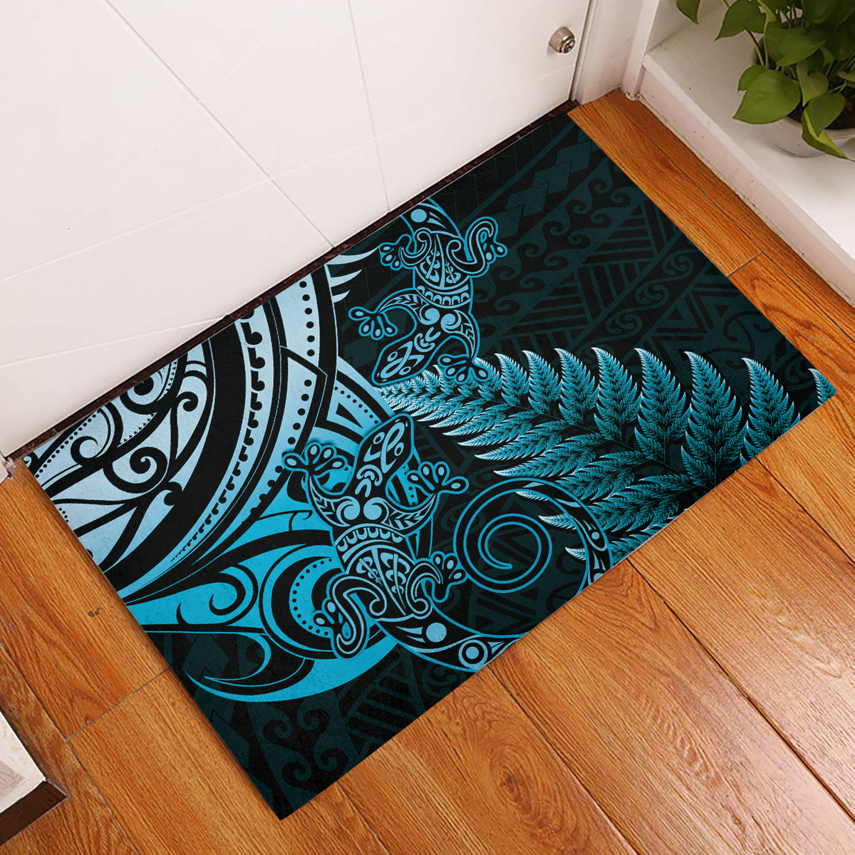 New Zealand Lizard Rubber Doormat Silver Fern Aotearoa Maori Blue Version