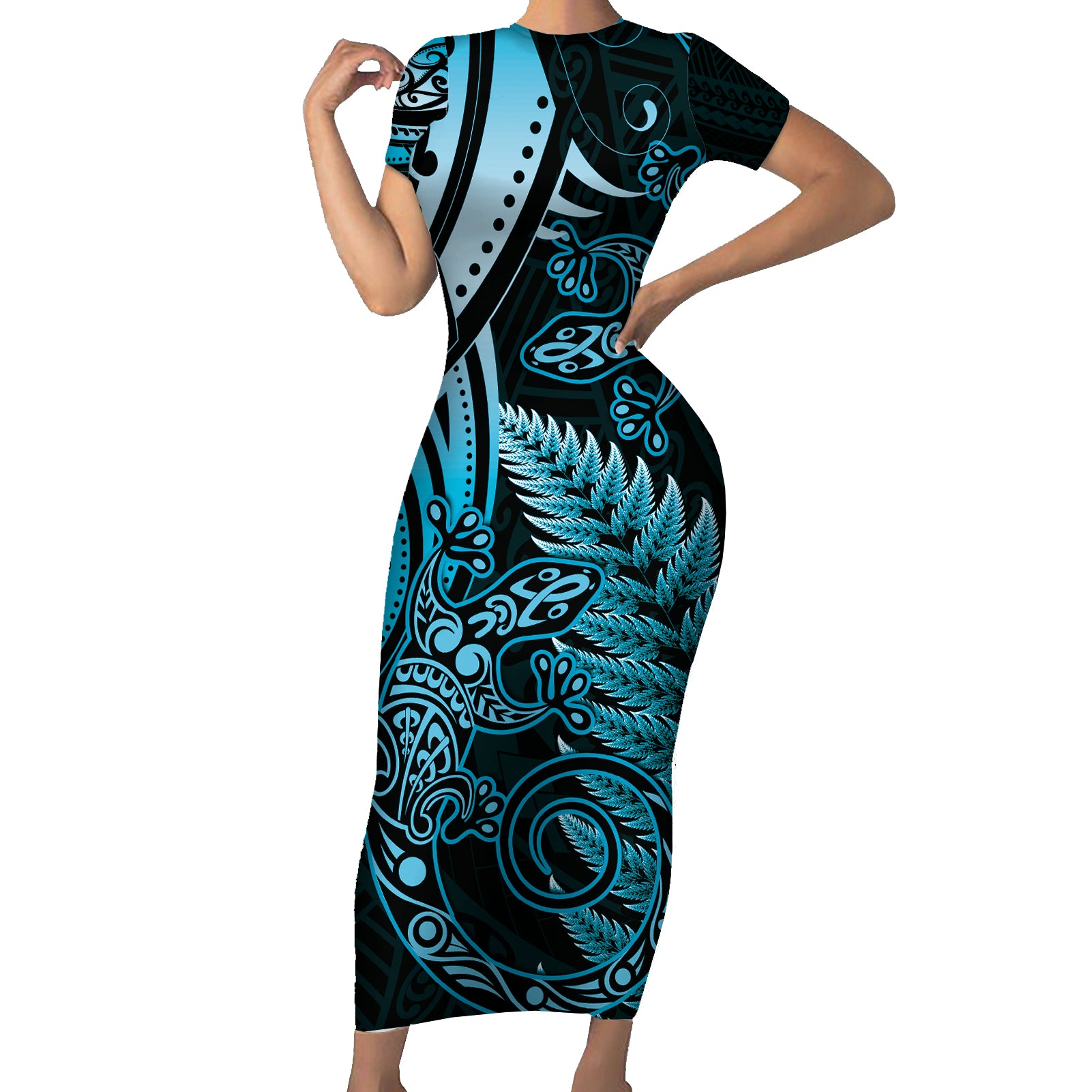 New Zealand Lizard Short Sleeve Bodycon Dress Silver Fern Aotearoa Maori Blue Version