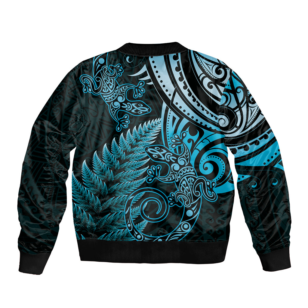 New Zealand Lizard Sleeve Zip Bomber Jacket Silver Fern Aotearoa Maori Blue Version