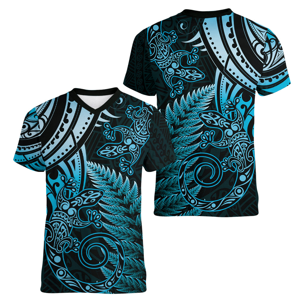 New Zealand Lizard Women V Neck T Shirt Silver Fern Aotearoa Maori Blue Version