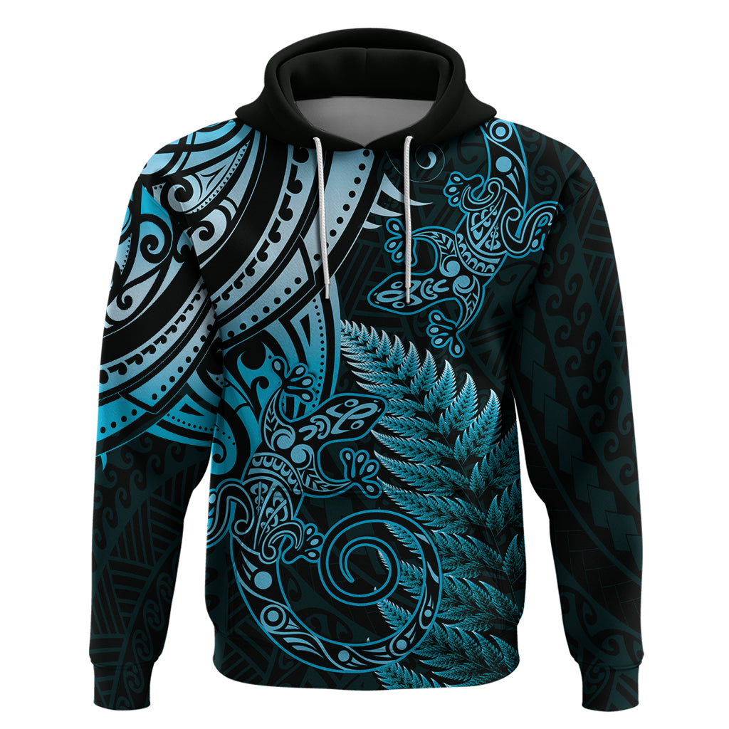 New Zealand Lizard Zip Hoodie Silver Fern Aotearoa Maori Blue Version