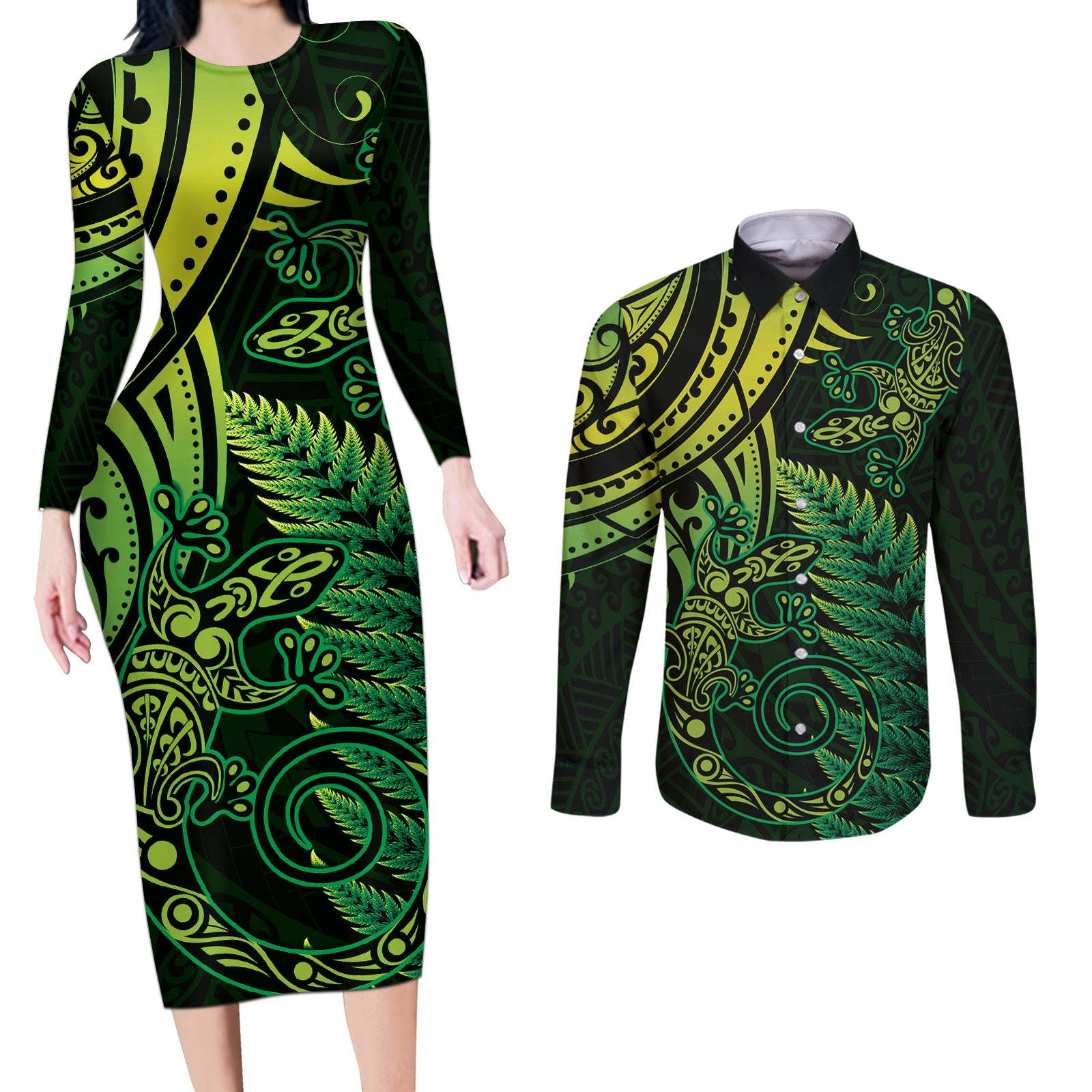 New Zealand Lizard Couples Matching Long Sleeve Bodycon Dress and Long Sleeve Button Shirt Silver Fern Aotearoa Maori Green Version LT14 Green - Polynesian Pride