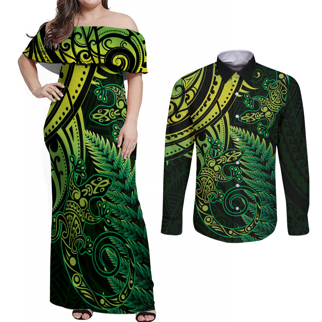 New Zealand Lizard Couples Matching Off Shoulder Maxi Dress and Long Sleeve Button Shirt Silver Fern Aotearoa Maori Green Version LT14 Green - Polynesian Pride