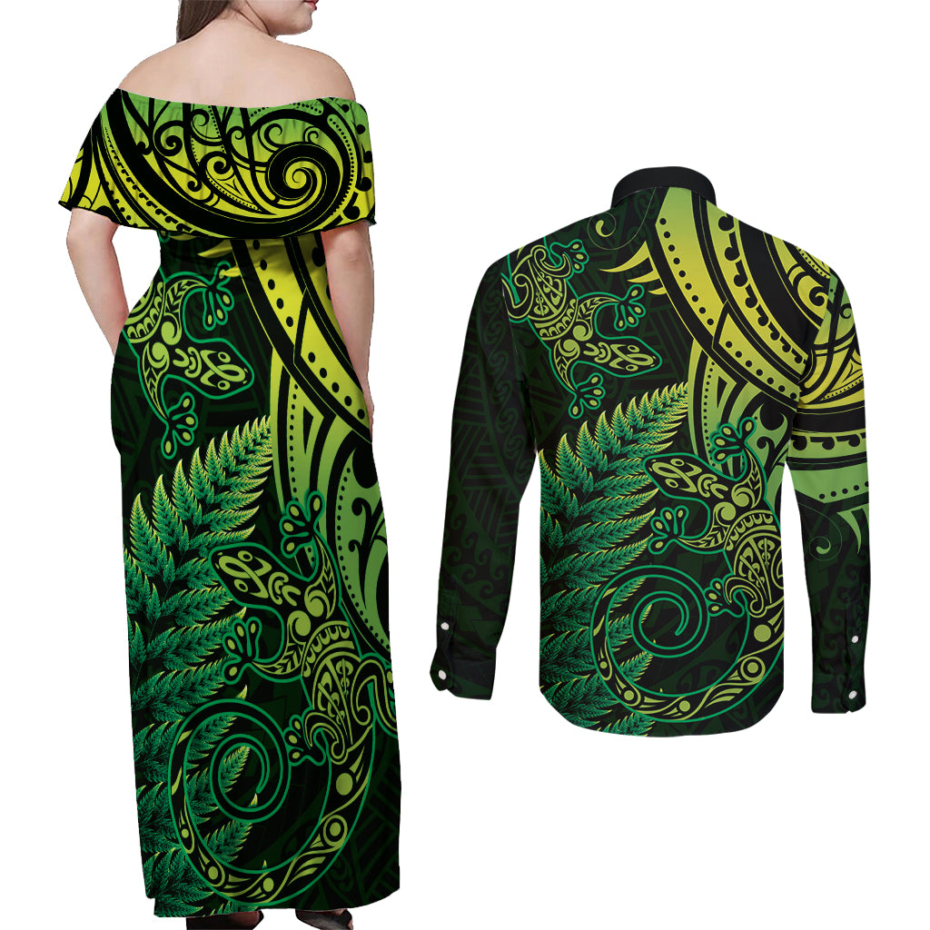 New Zealand Lizard Couples Matching Off Shoulder Maxi Dress and Long Sleeve Button Shirt Silver Fern Aotearoa Maori Green Version LT14 - Polynesian Pride