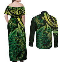 New Zealand Lizard Couples Matching Off Shoulder Maxi Dress and Long Sleeve Button Shirt Silver Fern Aotearoa Maori Green Version LT14 - Polynesian Pride