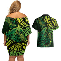 New Zealand Lizard Couples Matching Off Shoulder Short Dress and Hawaiian Shirt Silver Fern Aotearoa Maori Green Version