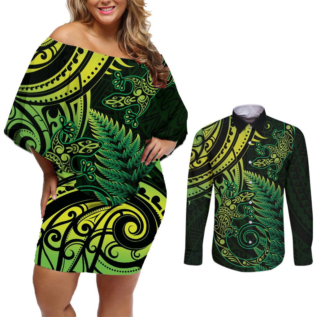 New Zealand Lizard Couples Matching Off Shoulder Short Dress and Long Sleeve Button Shirt Silver Fern Aotearoa Maori Green Version LT14 Green - Polynesian Pride