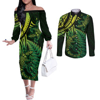 New Zealand Lizard Couples Matching Off The Shoulder Long Sleeve Dress and Long Sleeve Button Shirt Silver Fern Aotearoa Maori Green Version