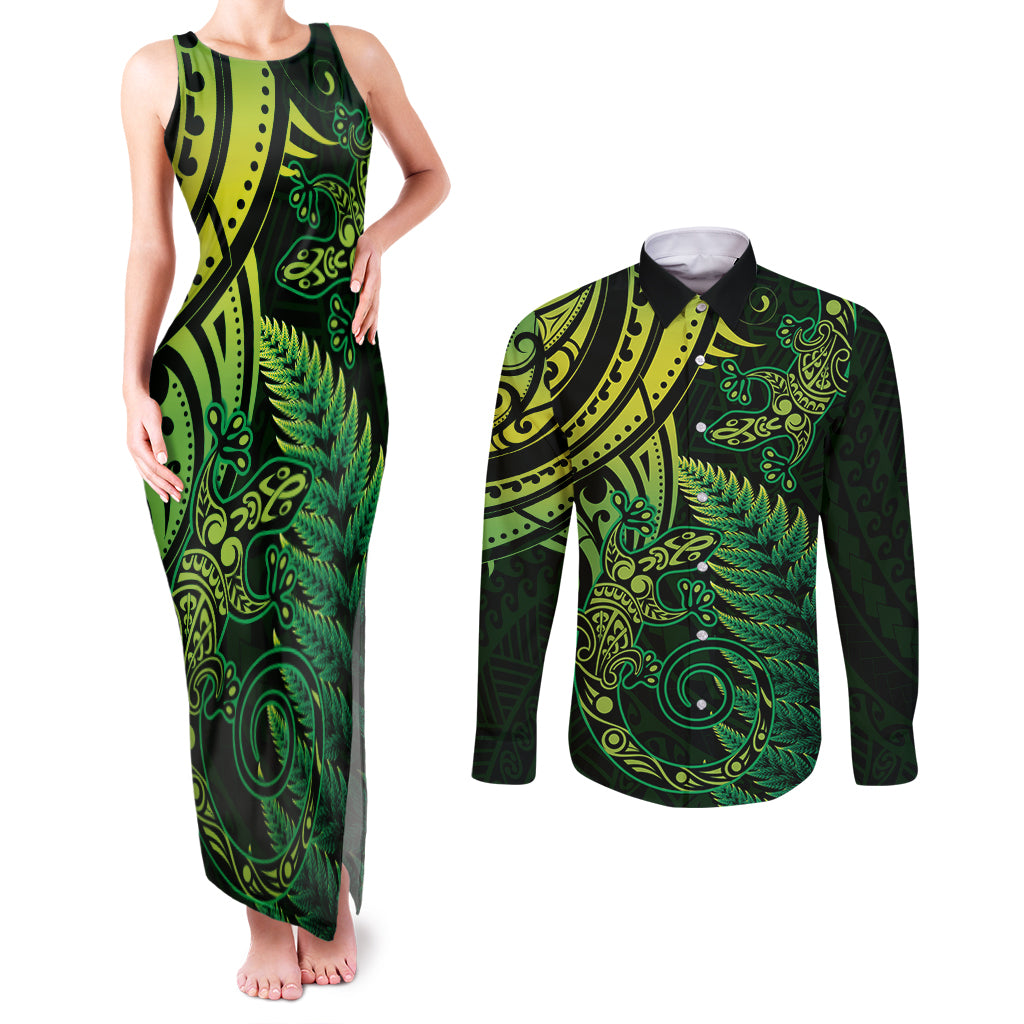 New Zealand Lizard Couples Matching Tank Maxi Dress and Long Sleeve Button Shirt Silver Fern Aotearoa Maori Green Version