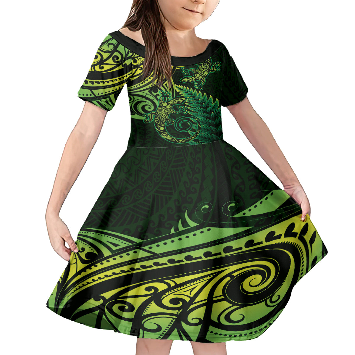 New Zealand Lizard Family Matching Long Sleeve Bodycon Dress and Hawaiian Shirt Silver Fern Aotearoa Maori Green Version LT14 Daughter's Dress Green - Polynesian Pride