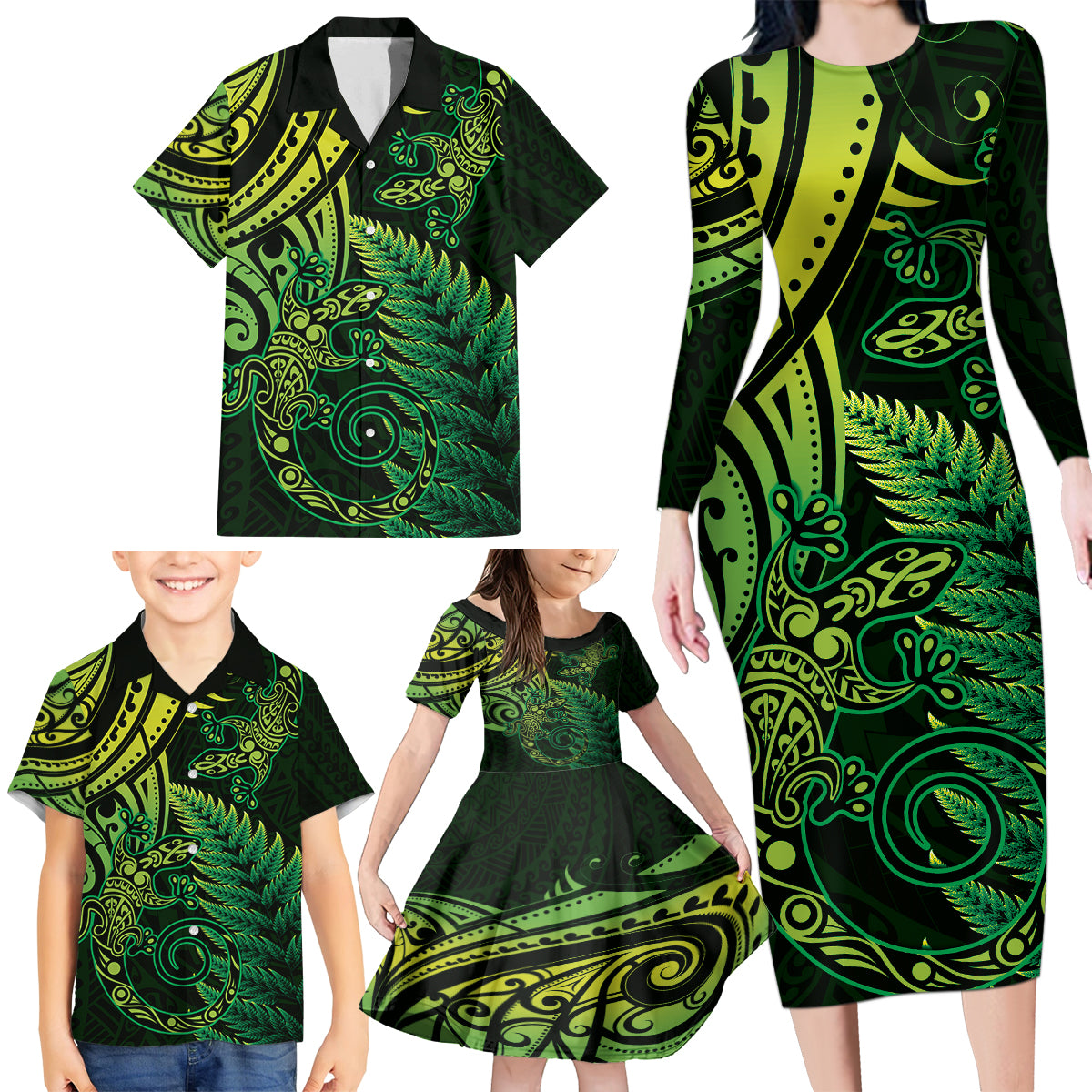New Zealand Lizard Family Matching Long Sleeve Bodycon Dress and Hawaiian Shirt Silver Fern Aotearoa Maori Green Version LT14 - Polynesian Pride