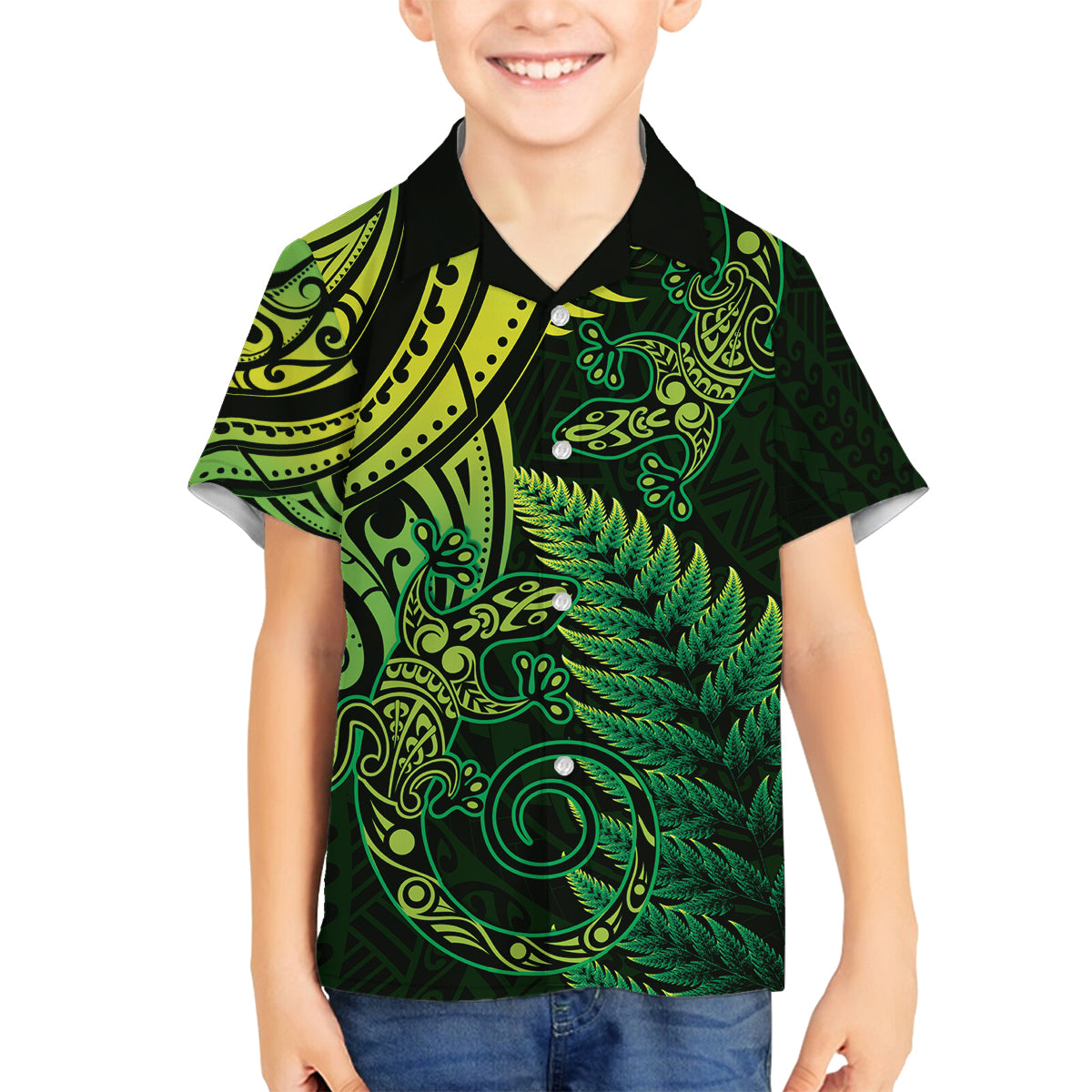 New Zealand Lizard Family Matching Long Sleeve Bodycon Dress and Hawaiian Shirt Silver Fern Aotearoa Maori Green Version LT14 Son's Shirt Green - Polynesian Pride