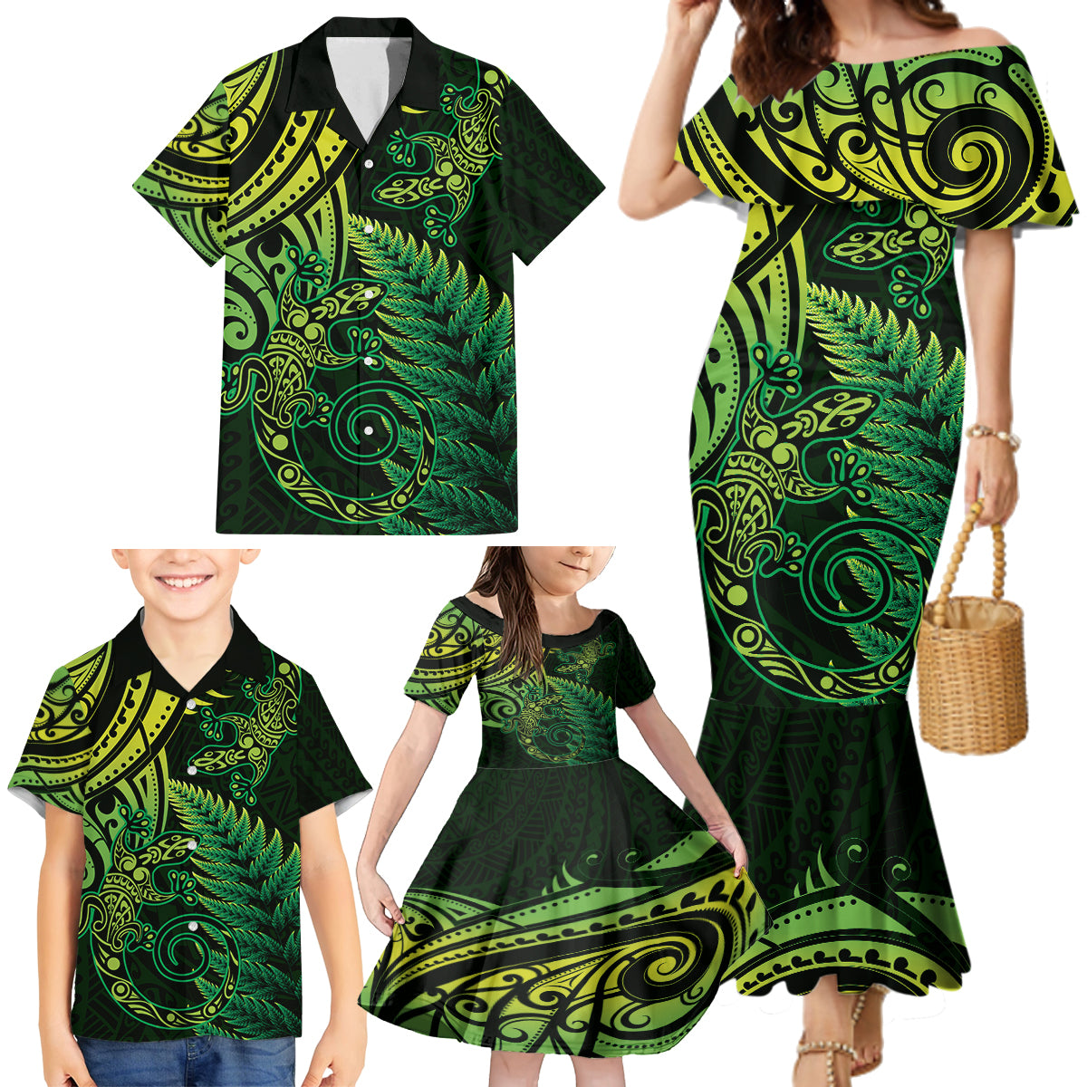 New Zealand Lizard Family Matching Mermaid Dress and Hawaiian Shirt Silver Fern Aotearoa Maori Green Version LT14 - Polynesian Pride