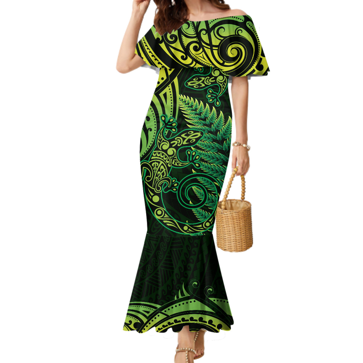New Zealand Lizard Family Matching Mermaid Dress and Hawaiian Shirt Silver Fern Aotearoa Maori Green Version LT14 Mom's Dress Green - Polynesian Pride
