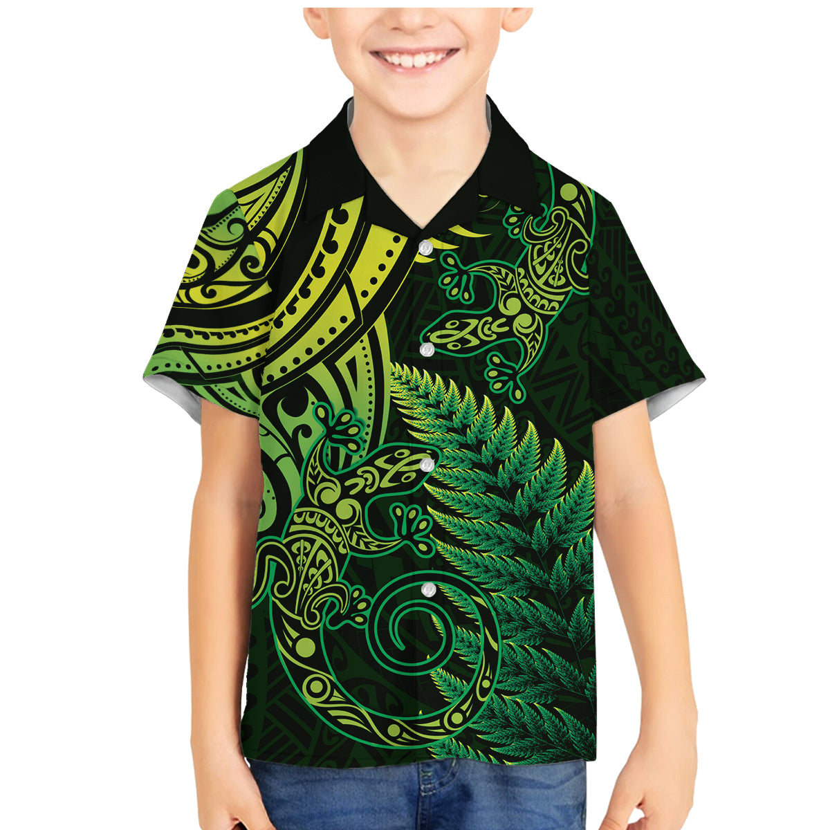 New Zealand Lizard Family Matching Mermaid Dress and Hawaiian Shirt Silver Fern Aotearoa Maori Green Version LT14 Son's Shirt Green - Polynesian Pride