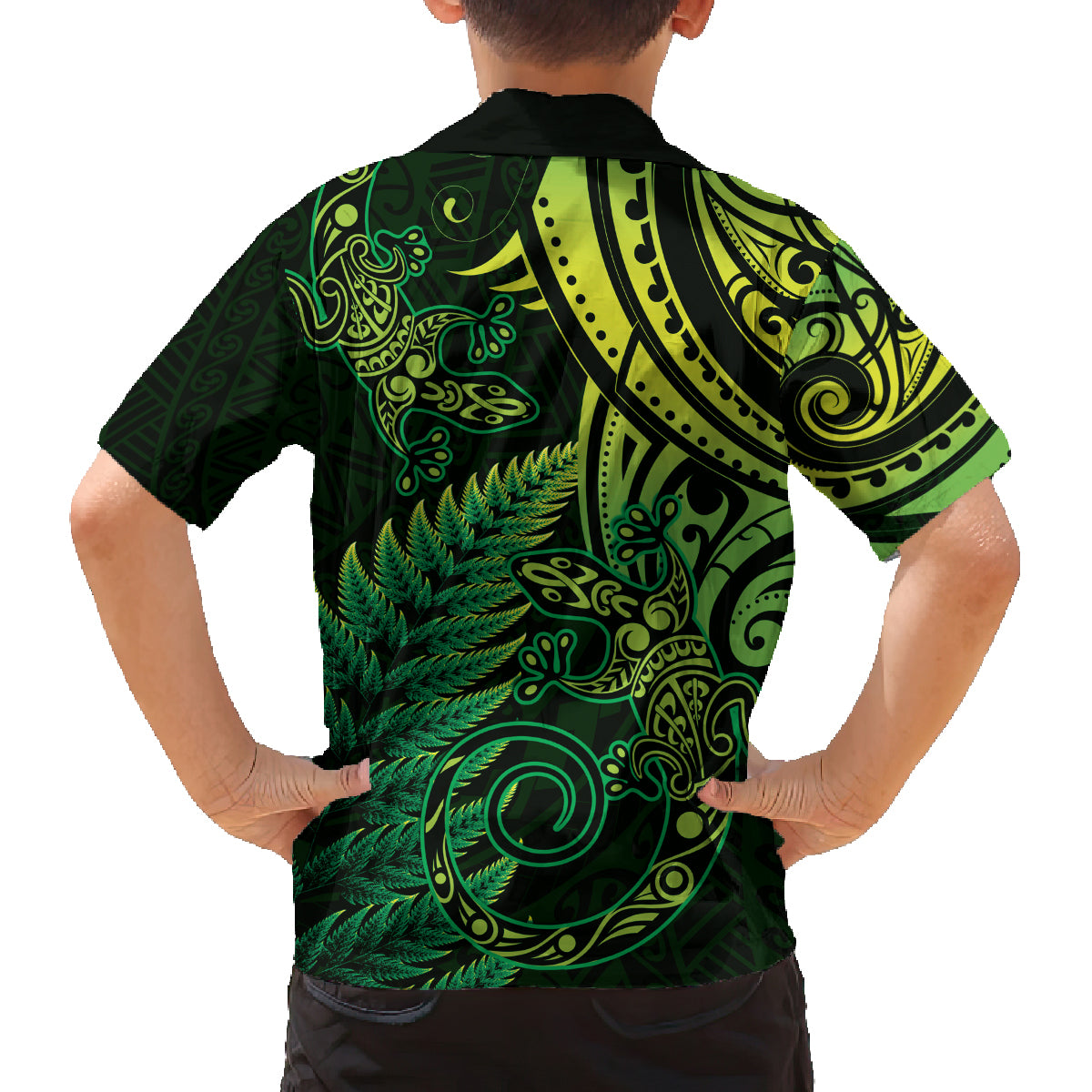 New Zealand Lizard Family Matching Off The Shoulder Long Sleeve Dress and Hawaiian Shirt Silver Fern Aotearoa Maori Green Version