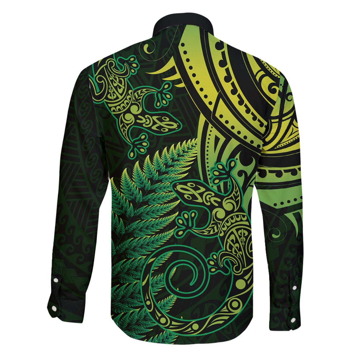 New Zealand Lizard Family Matching Off The Shoulder Long Sleeve Dress and Hawaiian Shirt Silver Fern Aotearoa Maori Green Version