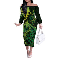 New Zealand Lizard Family Matching Off The Shoulder Long Sleeve Dress and Hawaiian Shirt Silver Fern Aotearoa Maori Green Version