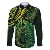 New Zealand Lizard Family Matching Off Shoulder Maxi Dress and Hawaiian Shirt Silver Fern Aotearoa Maori Green Version LT14 Dad's Shirt - Long Sleeve Green - Polynesian Pride