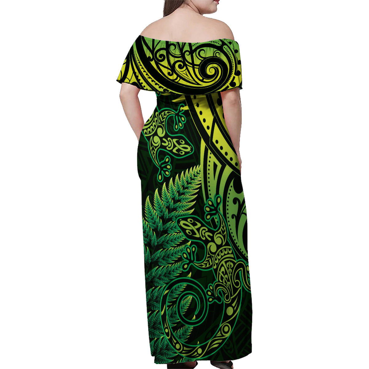 New Zealand Lizard Family Matching Off Shoulder Maxi Dress and Hawaiian Shirt Silver Fern Aotearoa Maori Green Version LT14 - Polynesian Pride