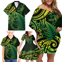 New Zealand Lizard Family Matching Off Shoulder Short Dress and Hawaiian Shirt Silver Fern Aotearoa Maori Green Version