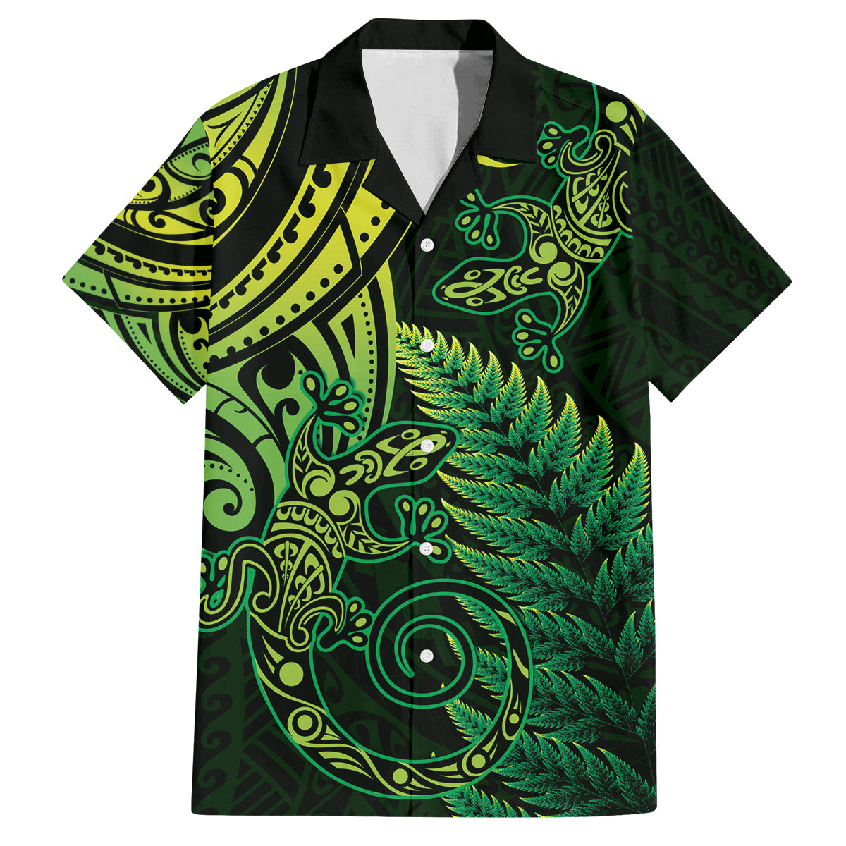 New Zealand Lizard Family Matching Off Shoulder Short Dress and Hawaiian Shirt Silver Fern Aotearoa Maori Green Version