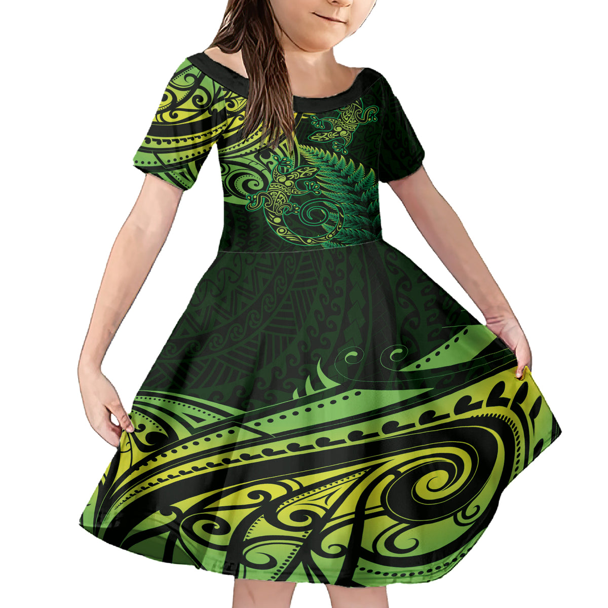New Zealand Lizard Family Matching Short Sleeve Bodycon Dress and Hawaiian Shirt Silver Fern Aotearoa Maori Green Version LT14 Daughter's Dress Green - Polynesian Pride