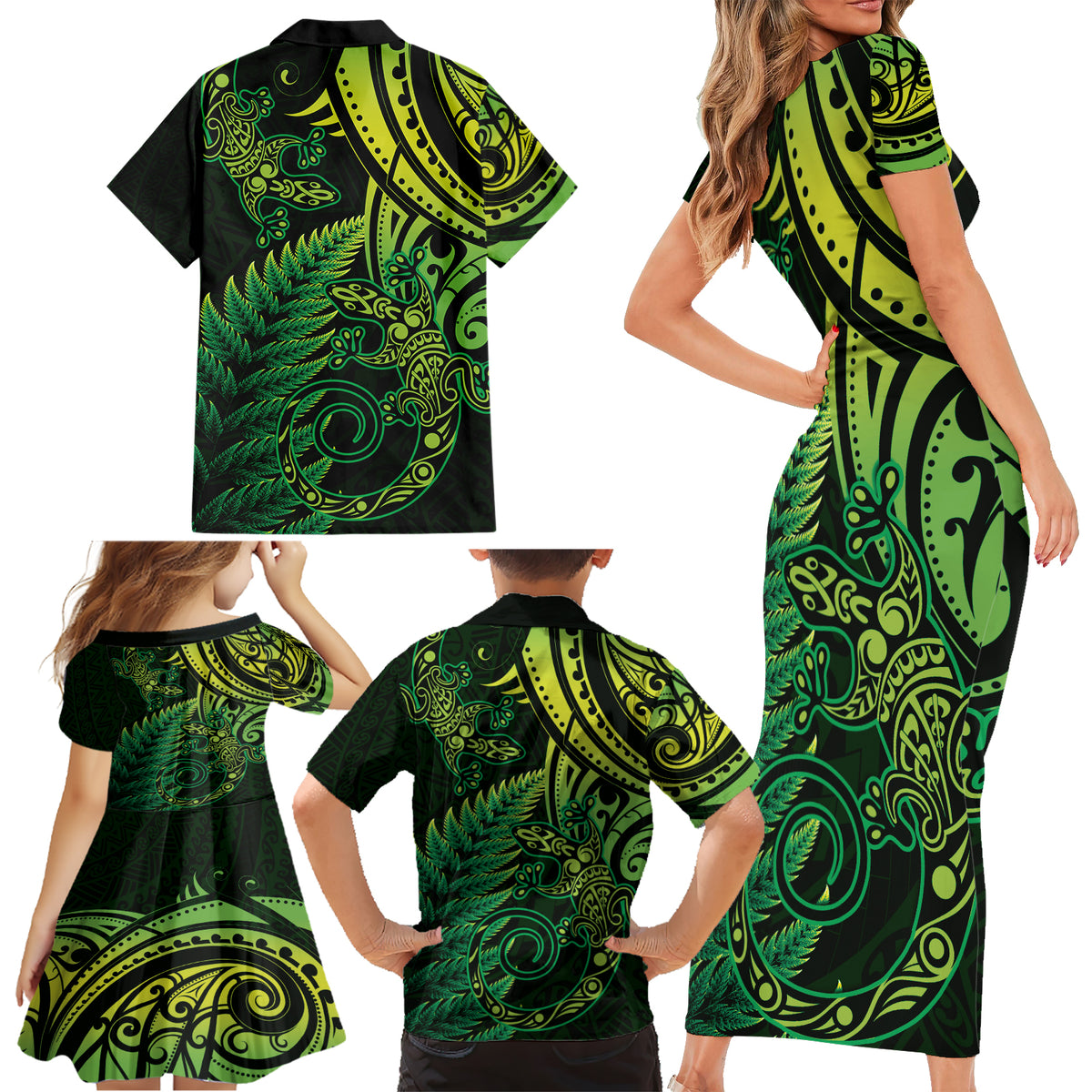 New Zealand Lizard Family Matching Short Sleeve Bodycon Dress and Hawaiian Shirt Silver Fern Aotearoa Maori Green Version LT14 - Polynesian Pride
