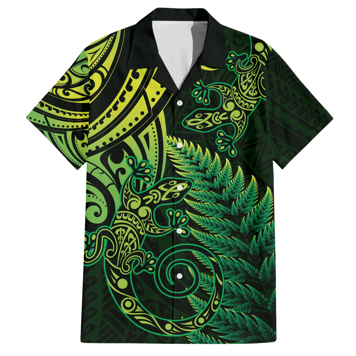 New Zealand Lizard Family Matching Short Sleeve Bodycon Dress and Hawaiian Shirt Silver Fern Aotearoa Maori Green Version LT14 Dad's Shirt - Short Sleeve Green - Polynesian Pride