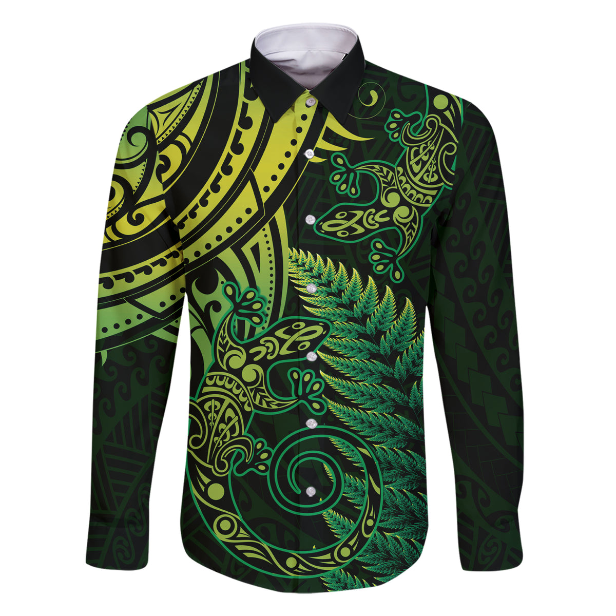 New Zealand Lizard Family Matching Short Sleeve Bodycon Dress and Hawaiian Shirt Silver Fern Aotearoa Maori Green Version LT14 Dad's Shirt - Long Sleeve Green - Polynesian Pride