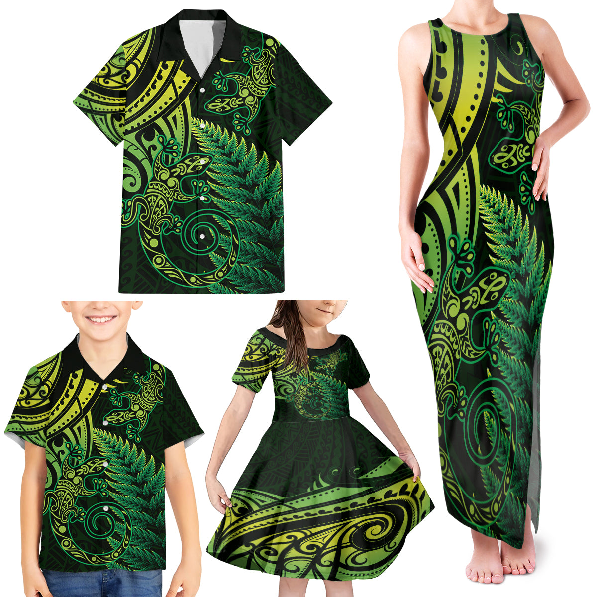 New Zealand Lizard Family Matching Tank Maxi Dress and Hawaiian Shirt Silver Fern Aotearoa Maori Green Version LT14 - Polynesian Pride