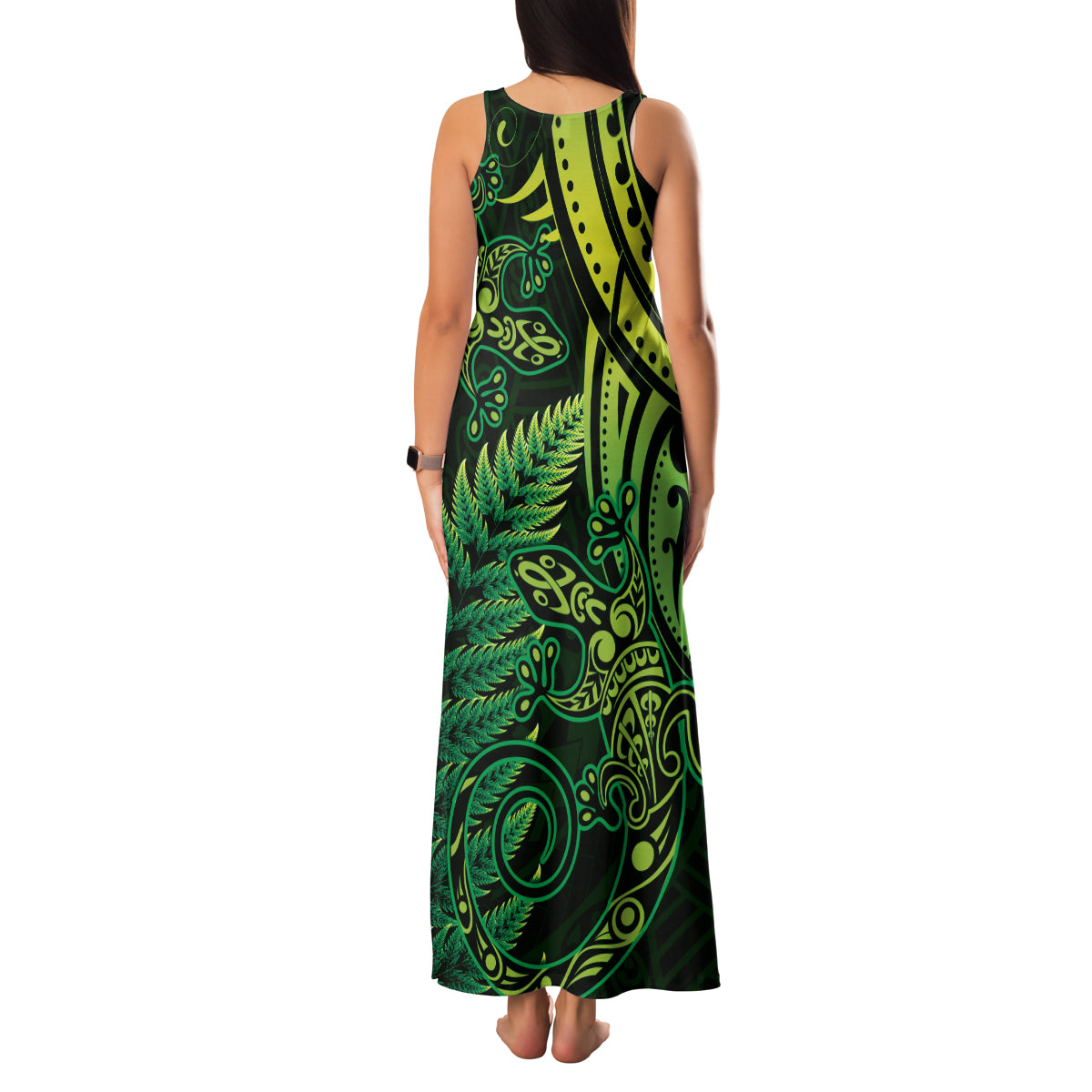 New Zealand Lizard Family Matching Tank Maxi Dress and Hawaiian Shirt Silver Fern Aotearoa Maori Green Version LT14 - Polynesian Pride