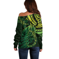 New Zealand Lizard Off Shoulder Sweater Silver Fern Aotearoa Maori Green Version