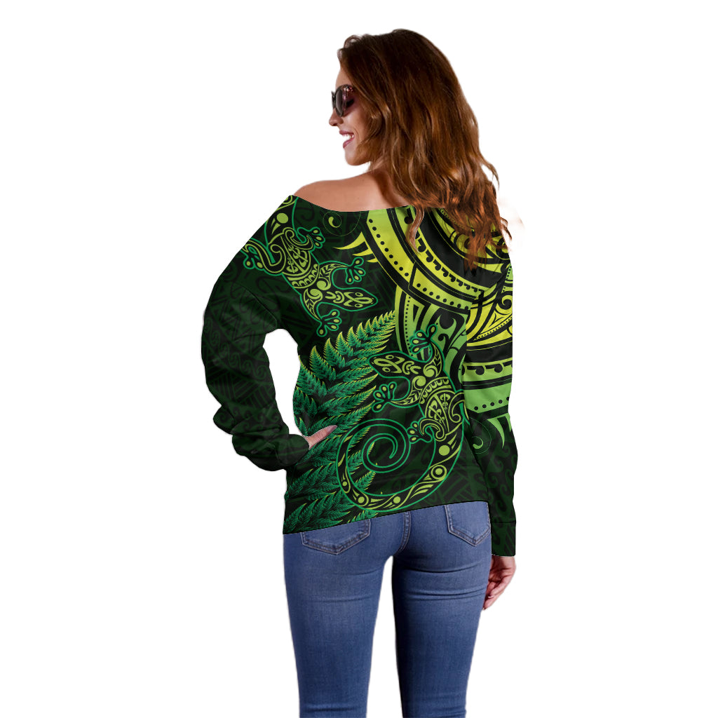 New Zealand Lizard Off Shoulder Sweater Silver Fern Aotearoa Maori Green Version