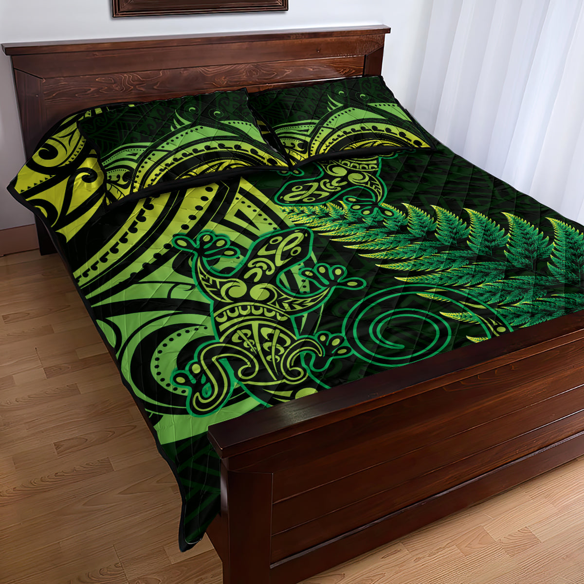 New Zealand Lizard Quilt Bed Set Silver Fern Aotearoa Maori Green Version