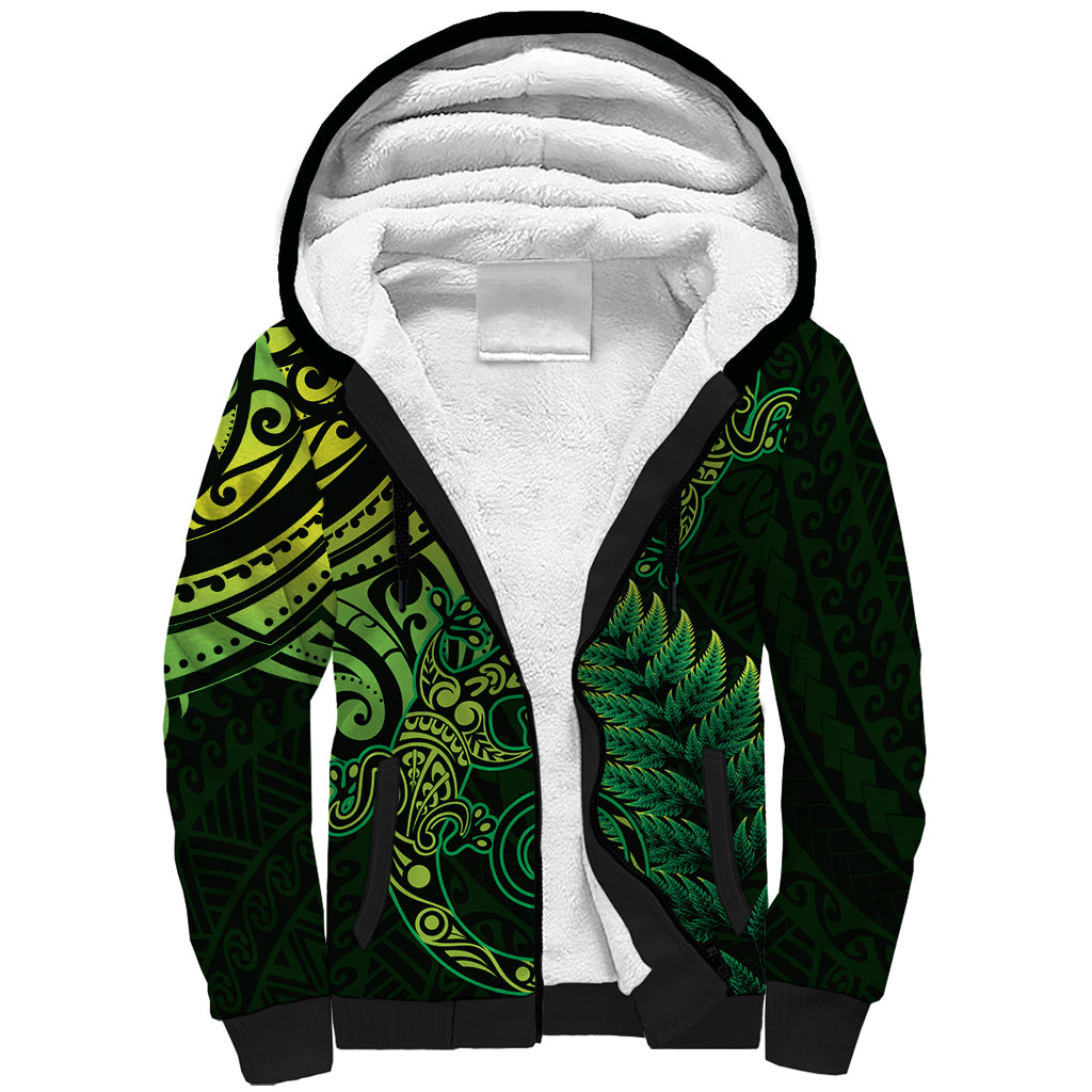 New Zealand Lizard Sherpa Hoodie Silver Fern Aotearoa Maori Green Version