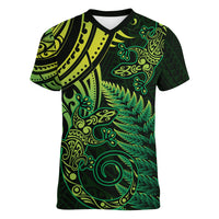 New Zealand Lizard Women V Neck T Shirt Silver Fern Aotearoa Maori Green Version
