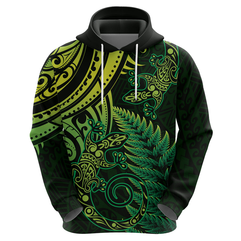 New Zealand Lizard Zip Hoodie Silver Fern Aotearoa Maori Green Version