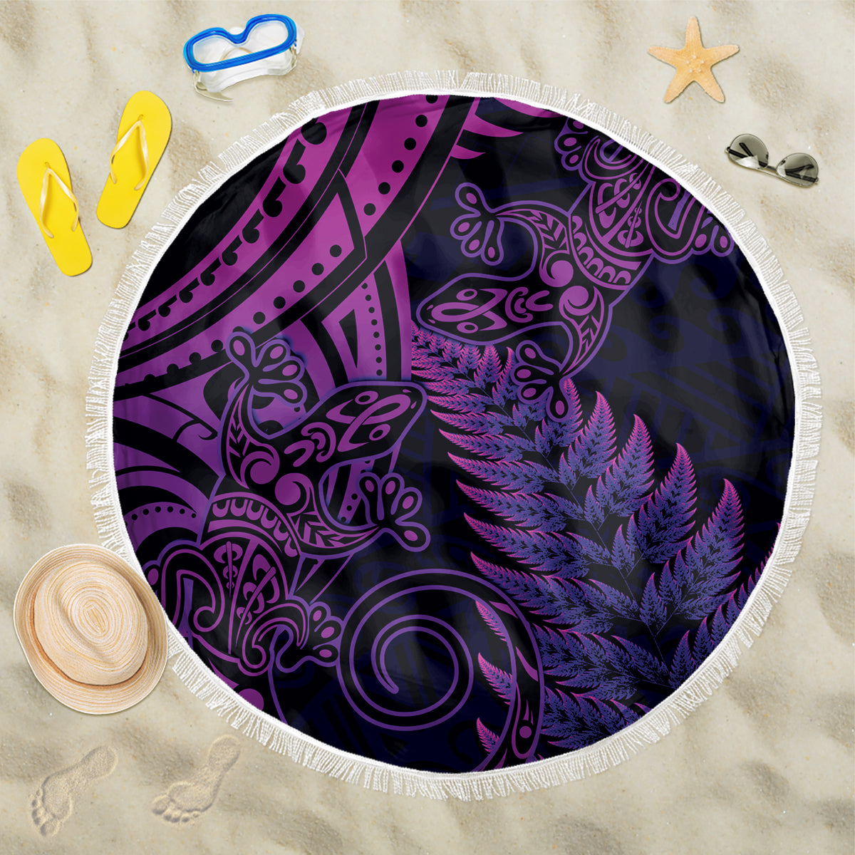 New Zealand Lizard Beach Blanket Silver Fern Aotearoa Maori Purple Version
