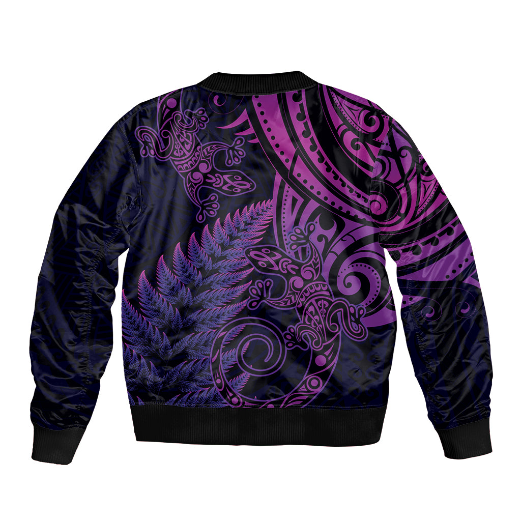 New Zealand Lizard Bomber Jacket Silver Fern Aotearoa Maori Purple Version