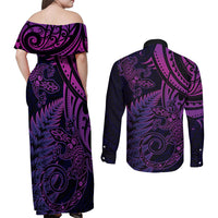 New Zealand Lizard Couples Matching Off Shoulder Maxi Dress and Long Sleeve Button Shirt Silver Fern Aotearoa Maori Purple Version LT14 - Polynesian Pride